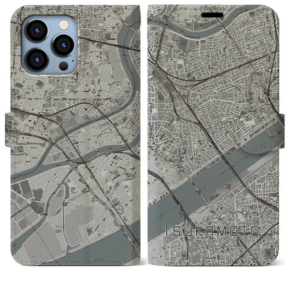 【塚本（大阪府）】地図柄iPhoneケース（手帳タイプ）モノトーン・iPhone 13 Pro Max 用