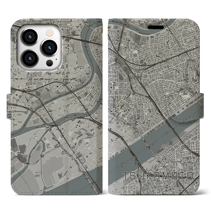 【塚本（大阪府）】地図柄iPhoneケース（手帳タイプ）モノトーン・iPhone 13 Pro 用