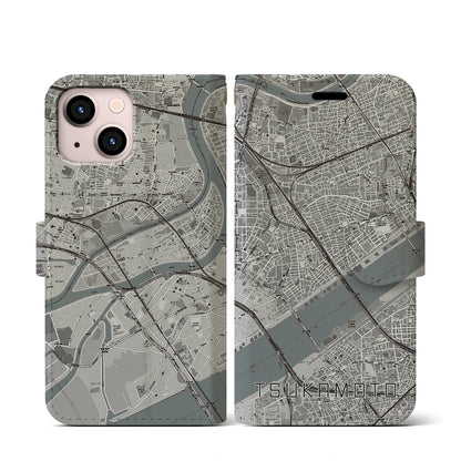 【塚本（大阪府）】地図柄iPhoneケース（手帳タイプ）モノトーン・iPhone 13 mini 用