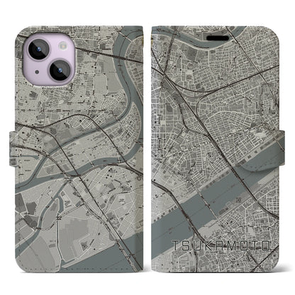 【塚本（大阪府）】地図柄iPhoneケース（手帳タイプ）モノトーン・iPhone 14 用