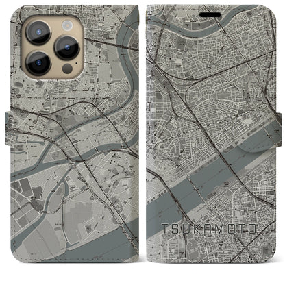 【塚本（大阪府）】地図柄iPhoneケース（手帳タイプ）モノトーン・iPhone 14 Pro Max 用