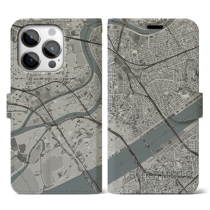 【塚本（大阪府）】地図柄iPhoneケース（手帳タイプ）モノトーン・iPhone 14 Pro 用
