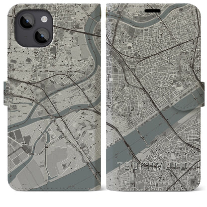 【塚本（大阪府）】地図柄iPhoneケース（手帳タイプ）モノトーン・iPhone 14 Plus 用