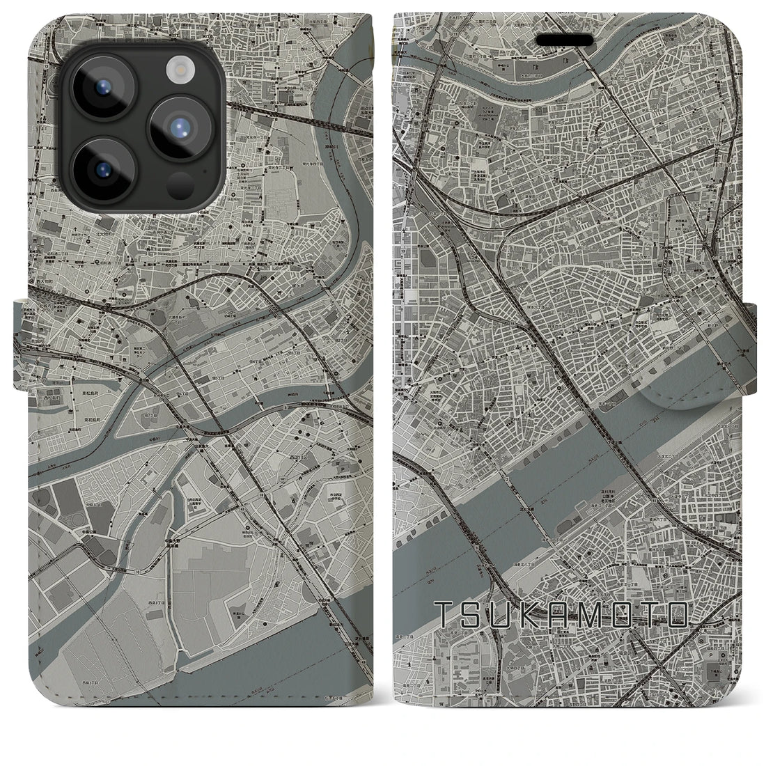 【塚本】地図柄iPhoneケース（手帳両面タイプ・モノトーン）iPhone 15 Pro Max 用