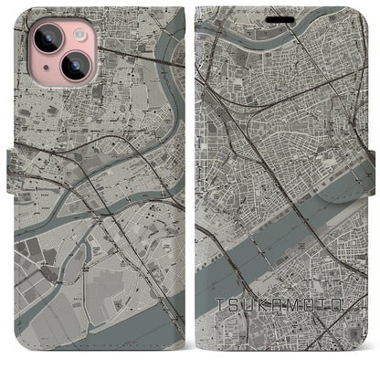 【塚本（大阪府）】地図柄iPhoneケース（手帳タイプ）モノトーン・iPhone 15 Plus 用