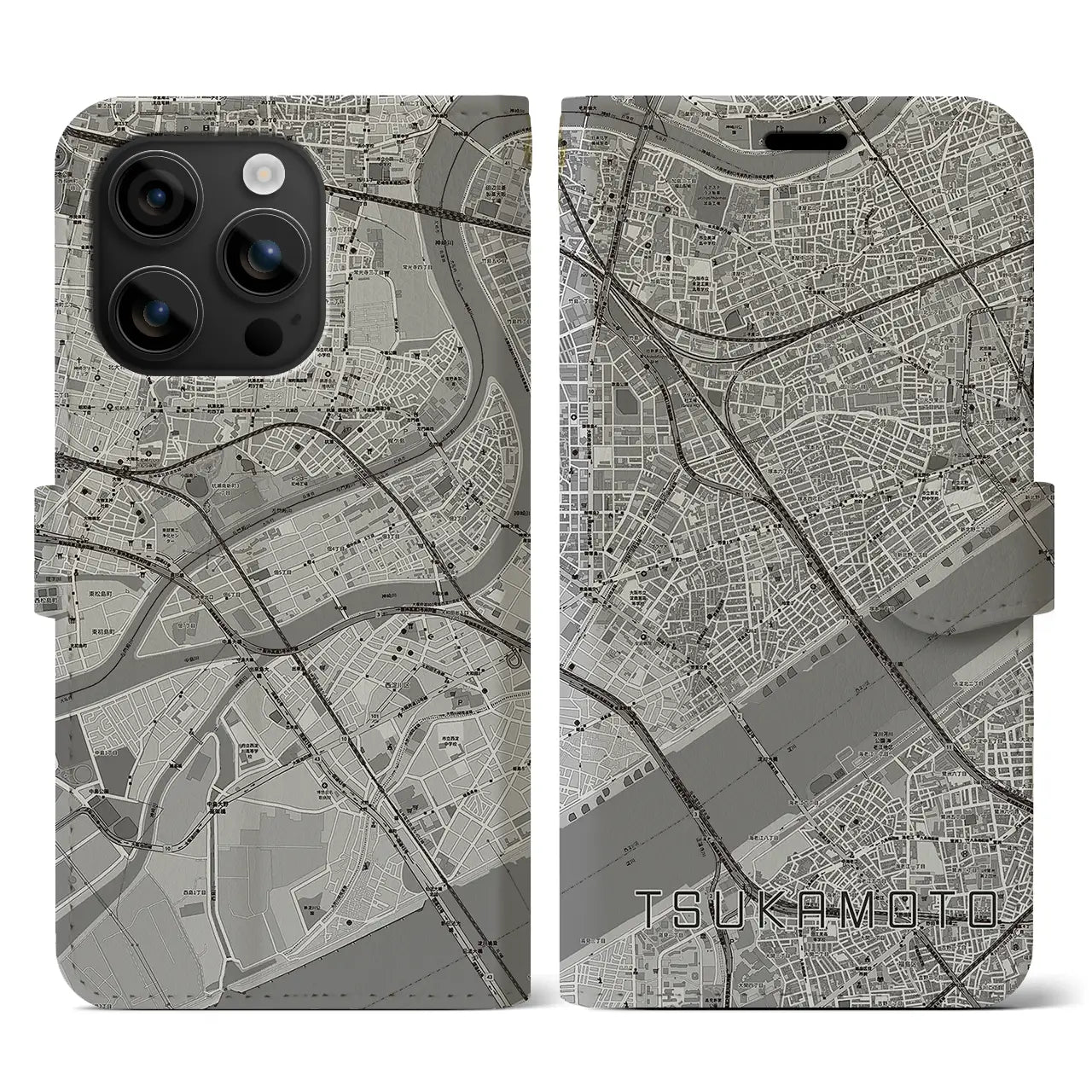 【塚本（大阪府）】地図柄iPhoneケース（手帳タイプ）モノトーン・iPhone 16 用