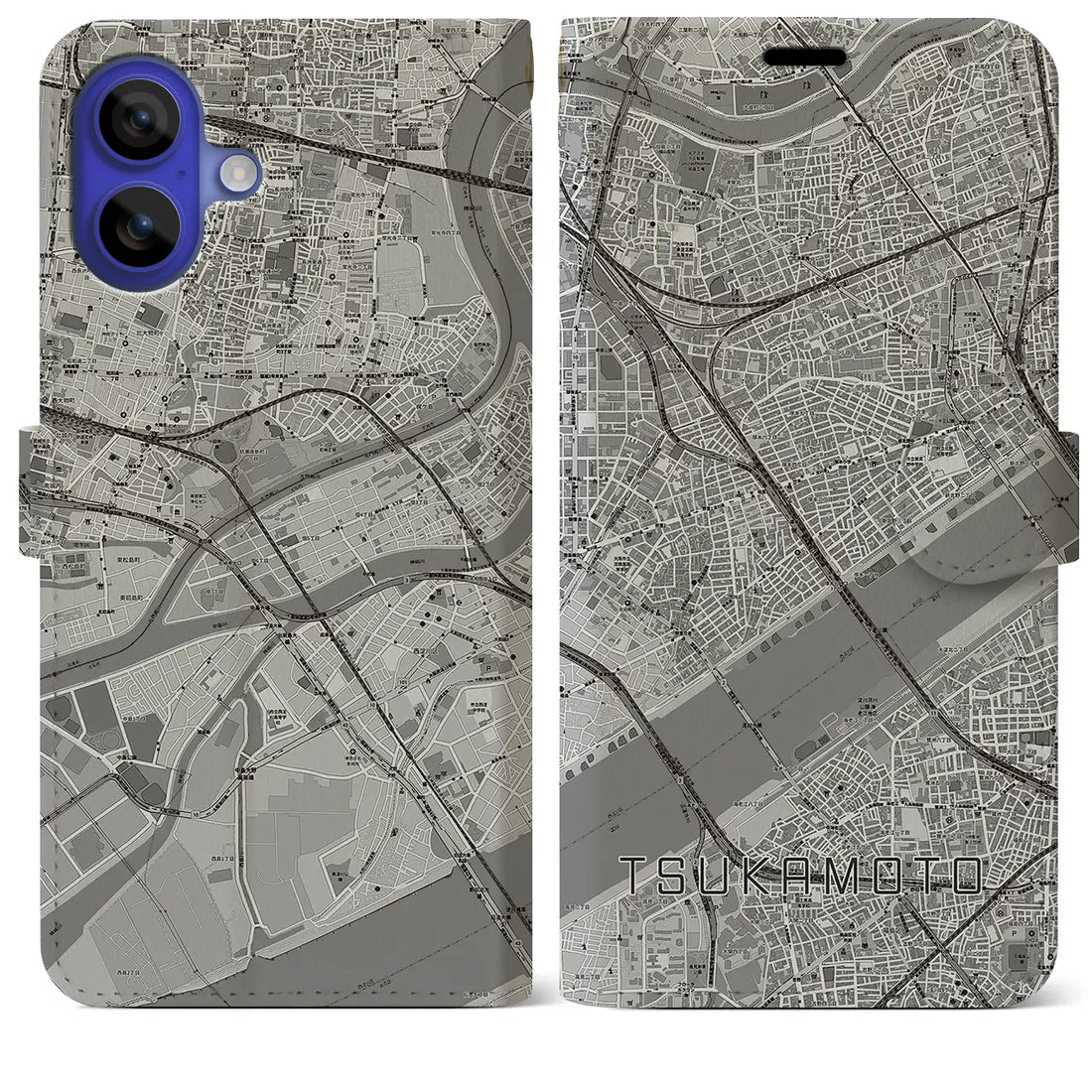 【塚本(大阪府)】地図柄iPhoneケース(手帳タイプ)モノトーン・iPhone 16 Pro Max 用