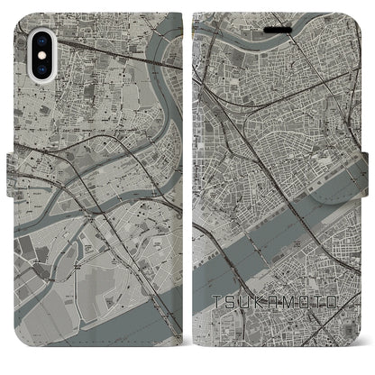 【塚本（大阪府）】地図柄iPhoneケース（手帳タイプ）モノトーン・iPhone XS Max 用