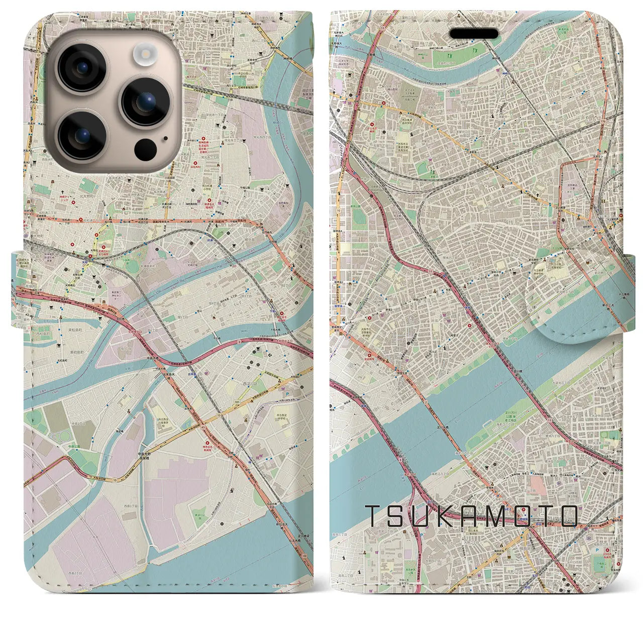 【塚本（大阪府）】地図柄iPhoneケース（手帳タイプ）ナチュラル・iPhone 16 Plus 用