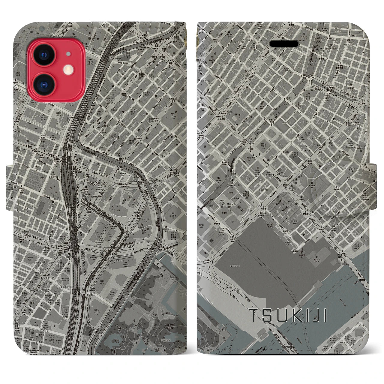 【築地】地図柄iPhoneケース（手帳両面タイプ・モノトーン）iPhone 11 用