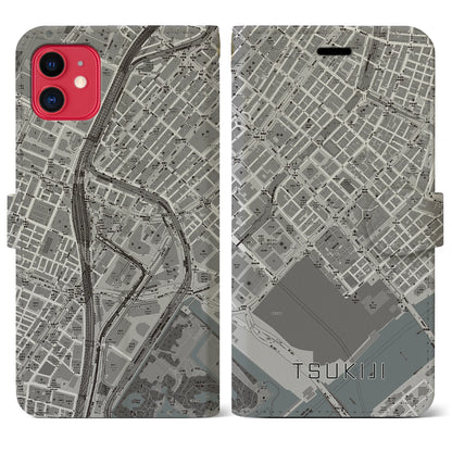 【築地（東京都）】地図柄iPhoneケース（手帳タイプ）モノトーン・iPhone 11 用