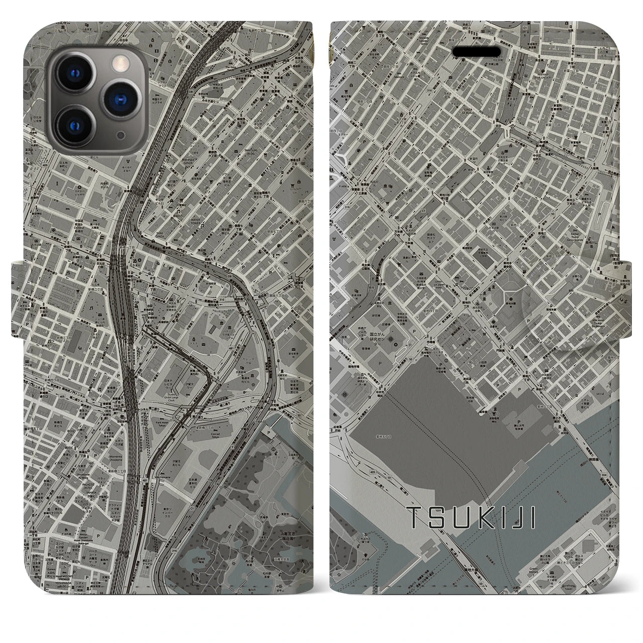 【築地】地図柄iPhoneケース（手帳両面タイプ・モノトーン）iPhone 11 Pro Max 用