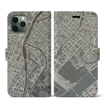 【築地（東京都）】地図柄iPhoneケース（手帳タイプ）モノトーン・iPhone 11 Pro 用