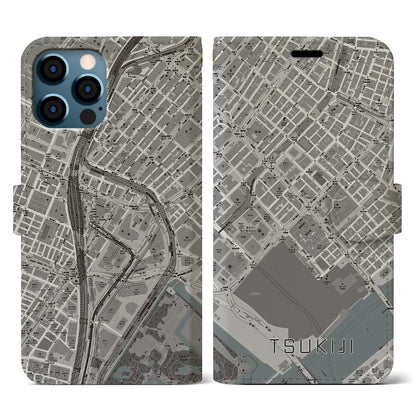【築地（東京都）】地図柄iPhoneケース（手帳タイプ）モノトーン・iPhone 12 / 12 Pro 用