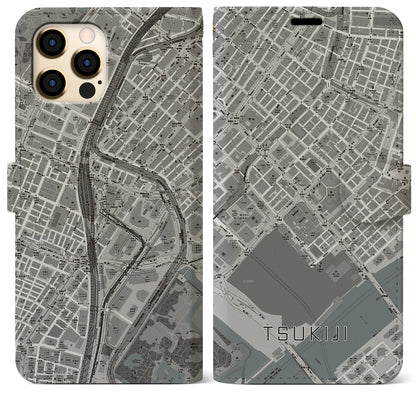 【築地（東京都）】地図柄iPhoneケース（手帳タイプ）モノトーン・iPhone 12 Pro Max 用