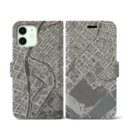 【築地（東京都）】地図柄iPhoneケース（手帳タイプ）モノトーン・iPhone 12 mini 用