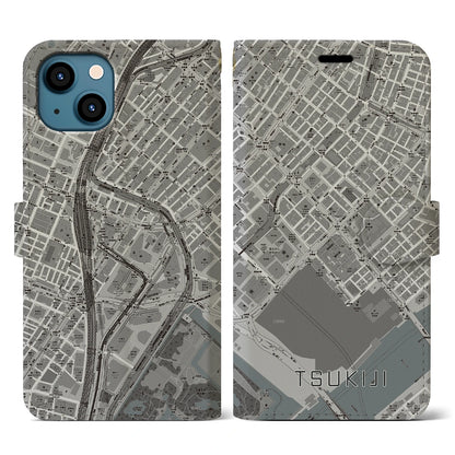 【築地（東京都）】地図柄iPhoneケース（手帳タイプ）モノトーン・iPhone 13 用