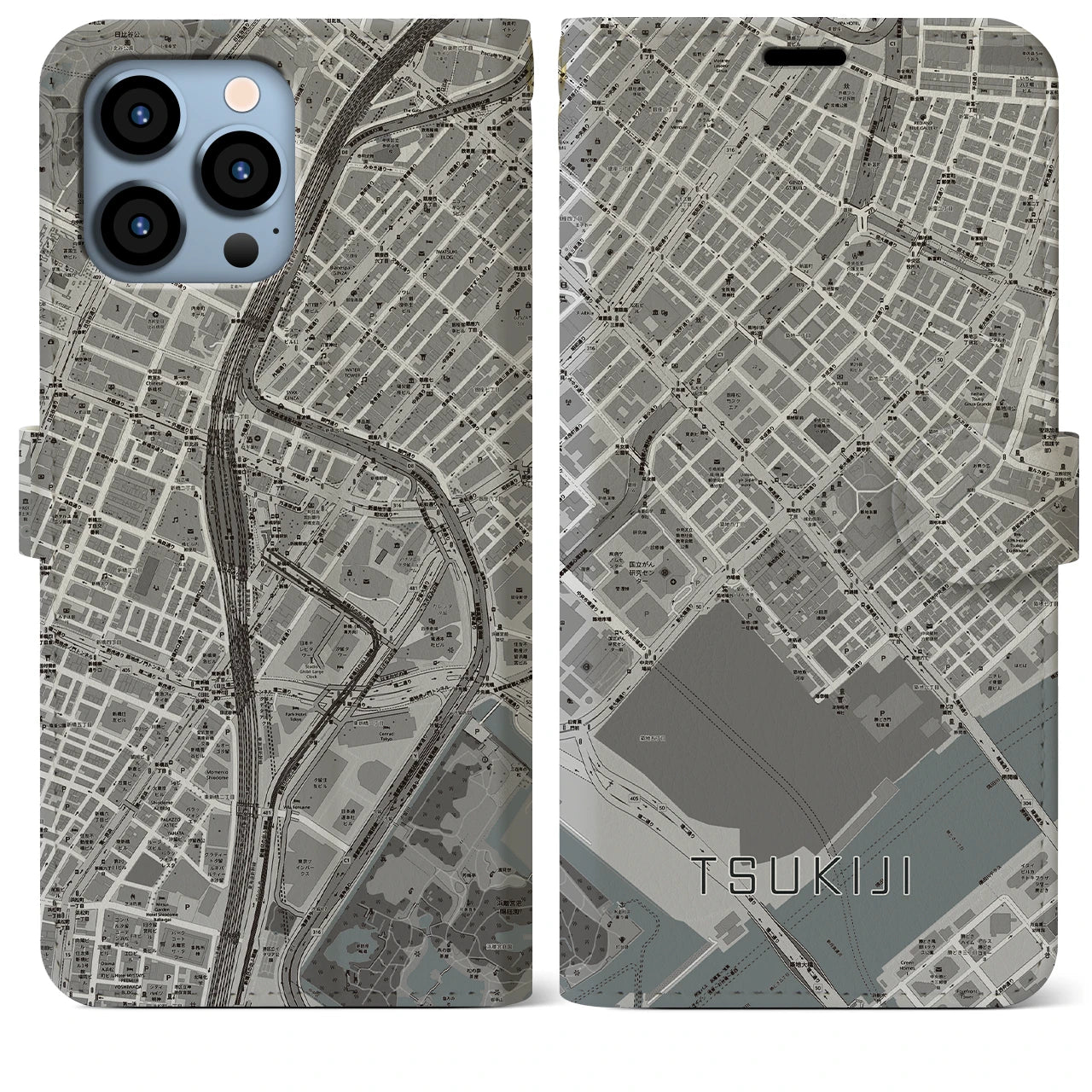 【築地】地図柄iPhoneケース（手帳両面タイプ・モノトーン）iPhone 13 Pro Max 用