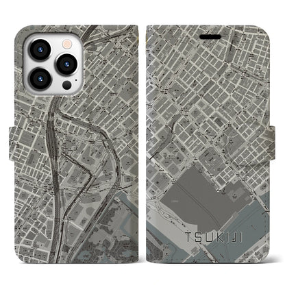 【築地（東京都）】地図柄iPhoneケース（手帳タイプ）モノトーン・iPhone 13 Pro 用