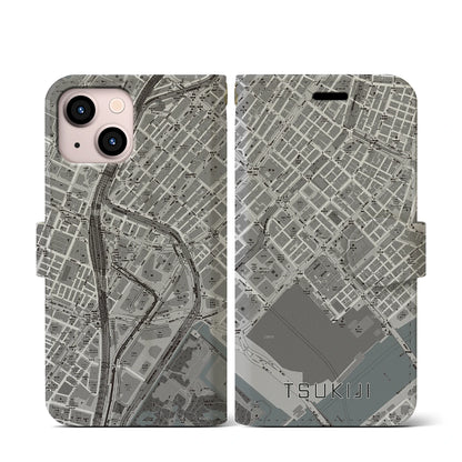 【築地（東京都）】地図柄iPhoneケース（手帳タイプ）モノトーン・iPhone 13 mini 用