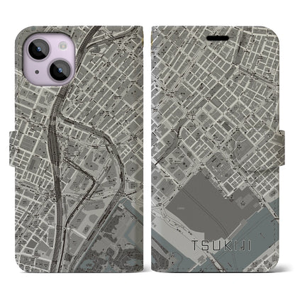 【築地（東京都）】地図柄iPhoneケース（手帳タイプ）モノトーン・iPhone 14 用