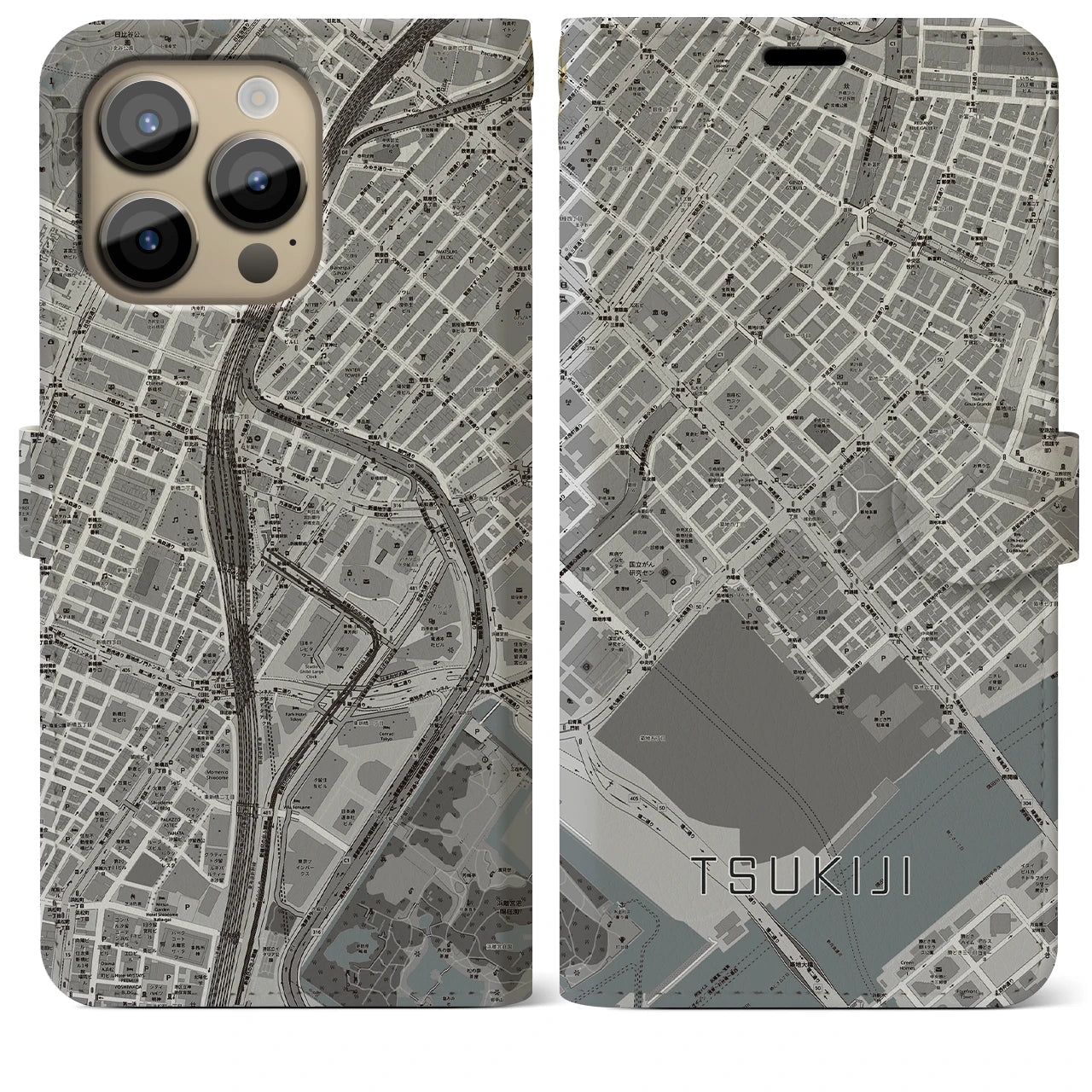【築地】地図柄iPhoneケース（手帳両面タイプ・モノトーン）iPhone 14 Pro Max 用