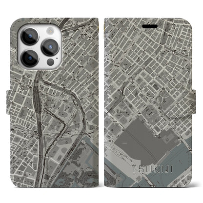 【築地（東京都）】地図柄iPhoneケース（手帳タイプ）モノトーン・iPhone 14 Pro 用