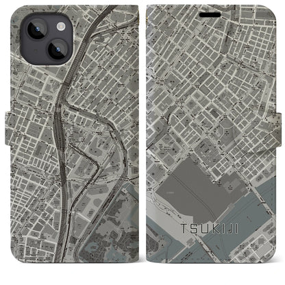 【築地（東京都）】地図柄iPhoneケース（手帳タイプ）モノトーン・iPhone 14 Plus 用