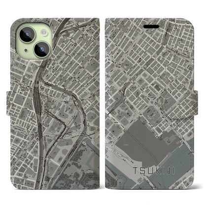 【築地（東京都）】地図柄iPhoneケース（手帳タイプ）モノトーン・iPhone 15 用