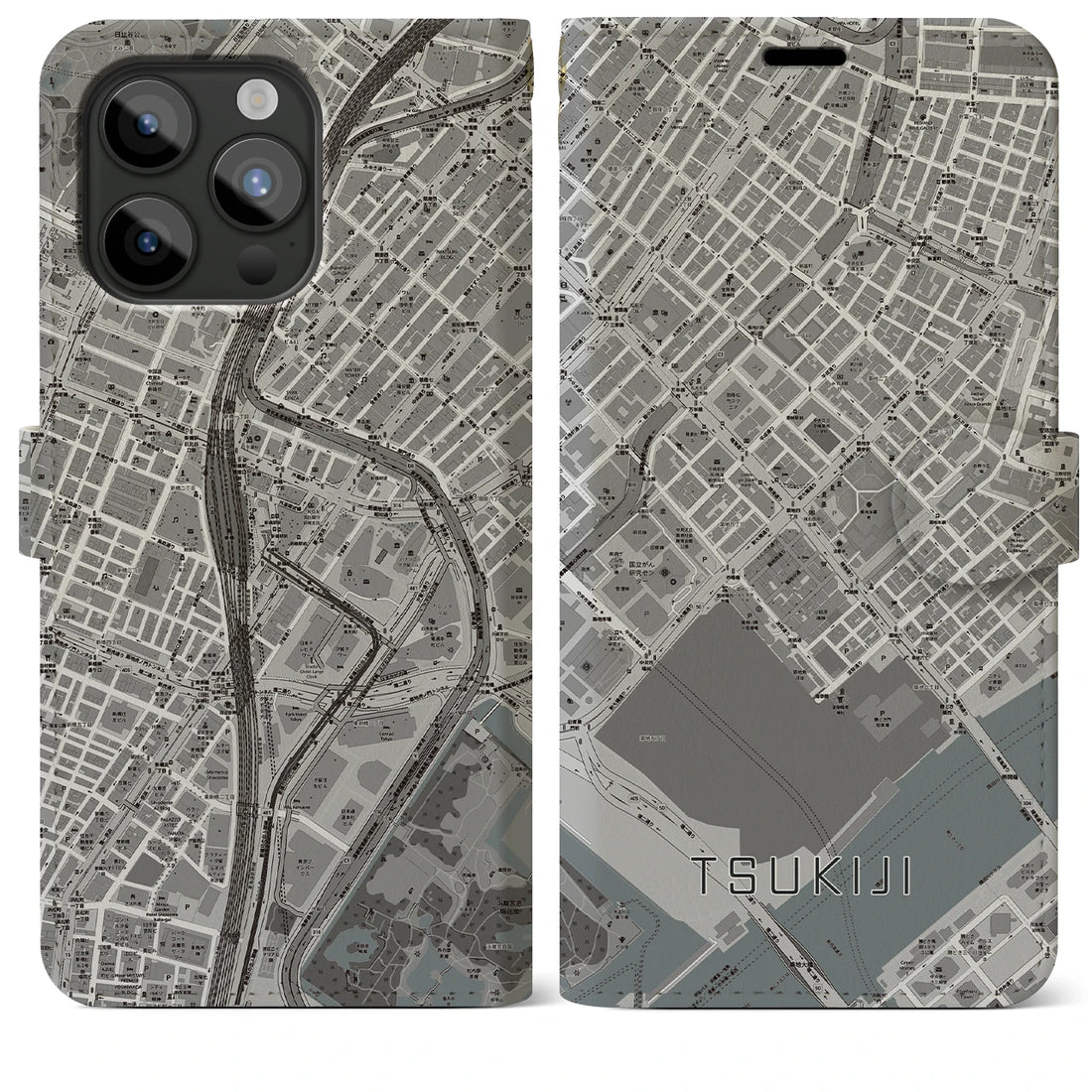 【築地】地図柄iPhoneケース（手帳両面タイプ・モノトーン）iPhone 15 Pro Max 用
