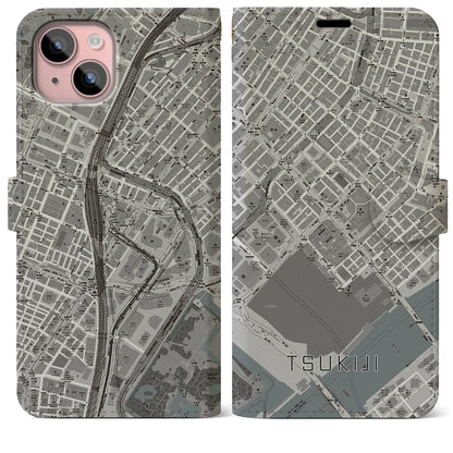 【築地（東京都）】地図柄iPhoneケース（手帳タイプ）モノトーン・iPhone 15 Plus 用