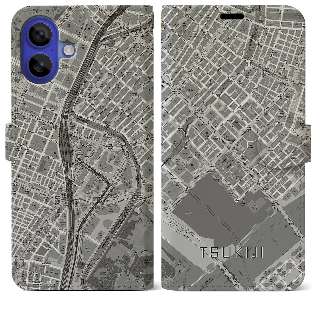 【築地(東京都)】地図柄iPhoneケース(手帳タイプ)モノトーン・iPhone 16 Pro Max 用