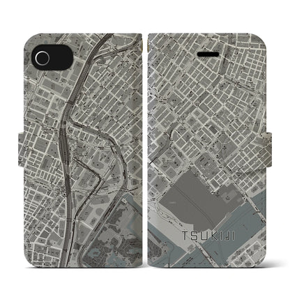 【築地（東京都）】地図柄iPhoneケース（手帳タイプ）モノトーン・iPhone SE（第3 / 第2世代） / 8 / 7 / 6s / 6 用