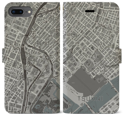 【築地（東京都）】地図柄iPhoneケース（手帳タイプ）モノトーン・iPhone 8Plus /7Plus / 6sPlus / 6Plus 用