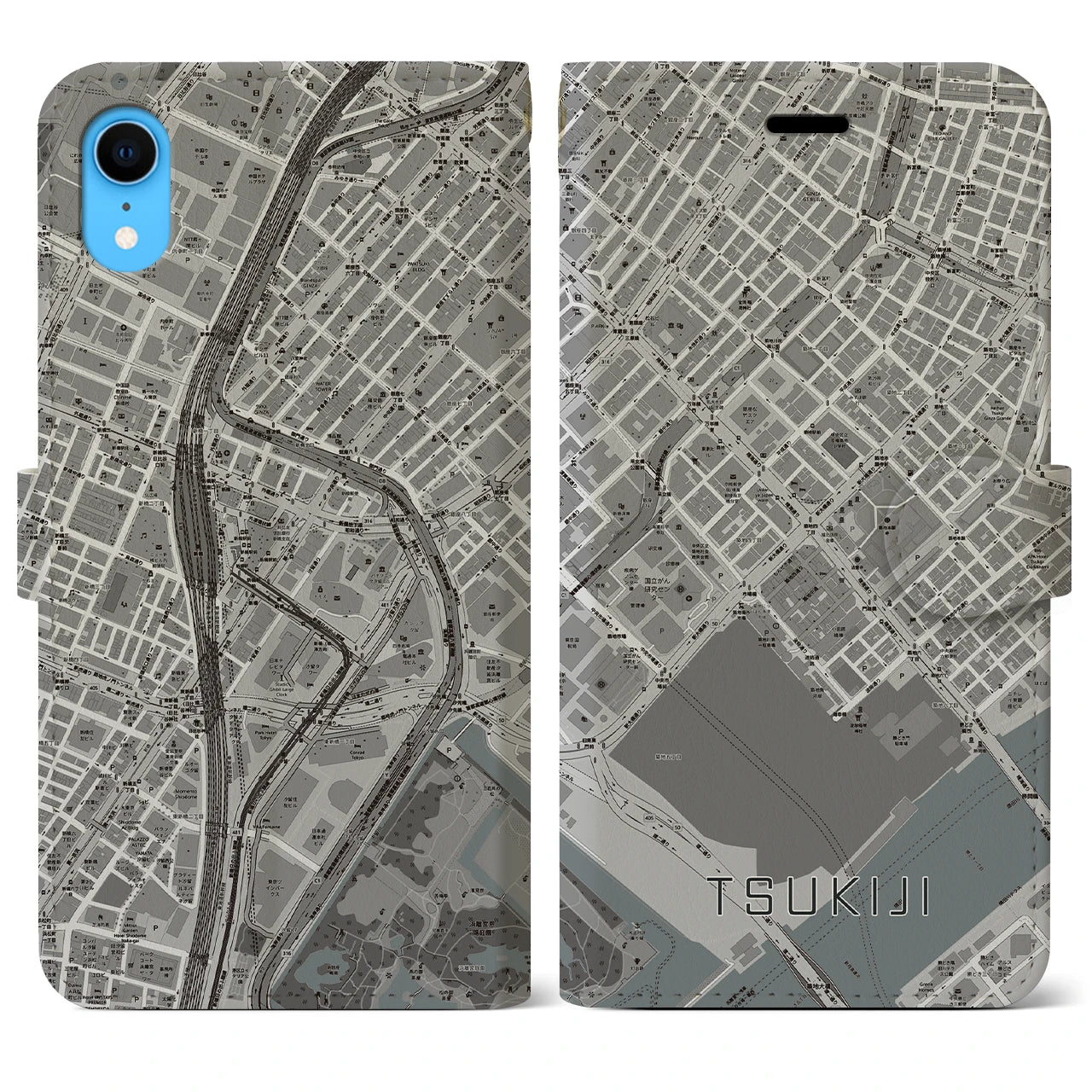 【築地】地図柄iPhoneケース（手帳両面タイプ・モノトーン）iPhone XR 用