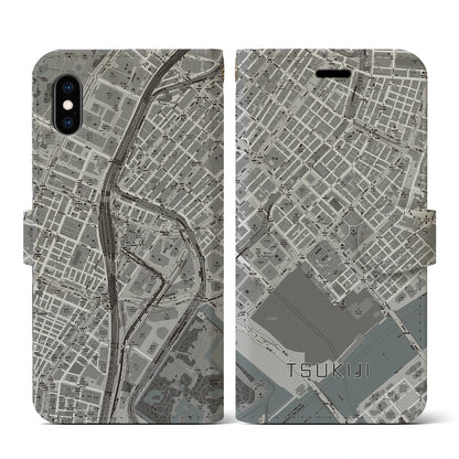 【築地（東京都）】地図柄iPhoneケース（手帳タイプ）モノトーン・iPhone XS / X 用