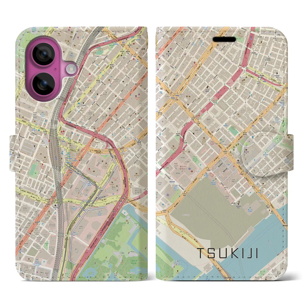 【築地（東京都）】地図柄iPhoneケース（手帳タイプ）ナチュラル・iPhone 16 Pro 用