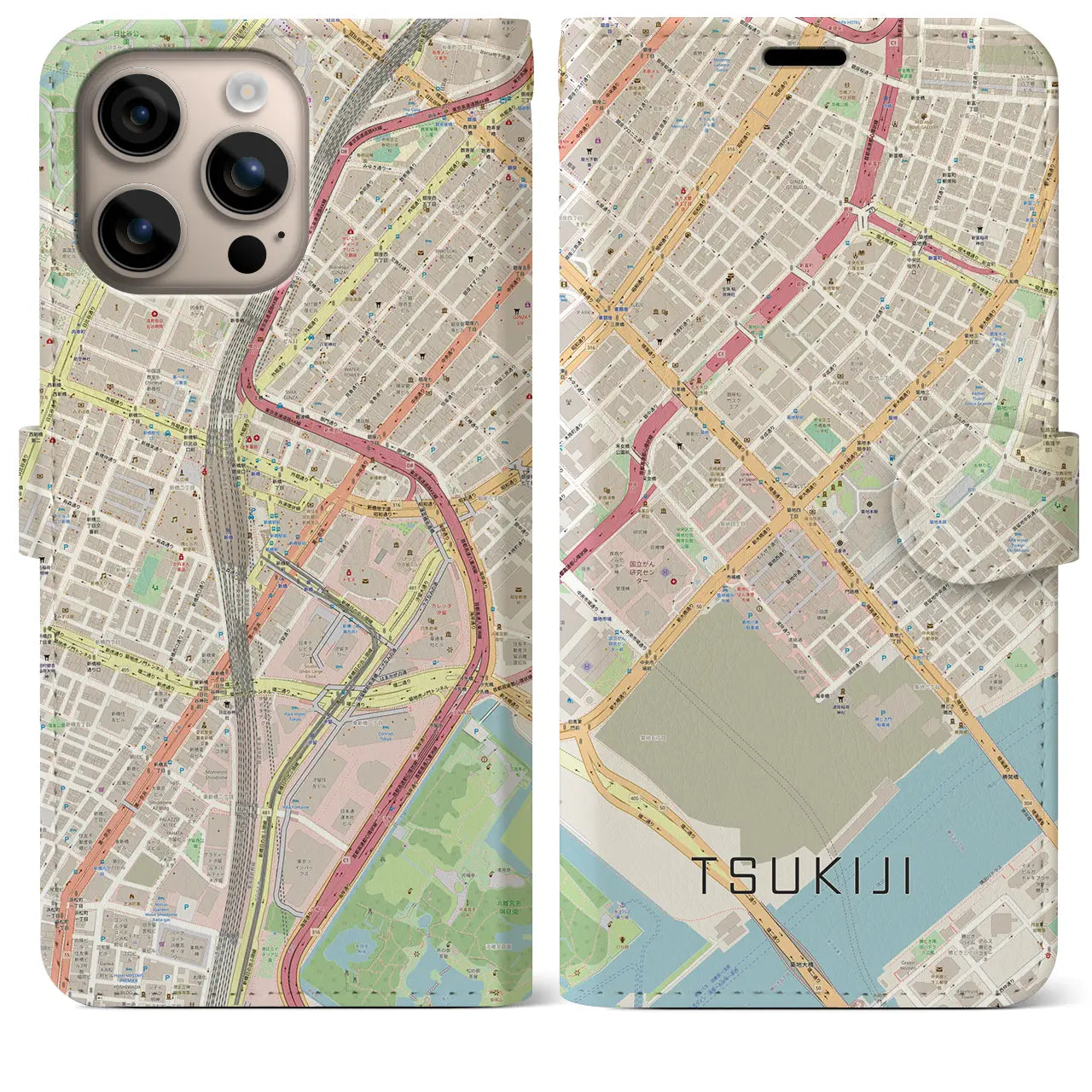 【築地（東京都）】地図柄iPhoneケース（手帳タイプ）ナチュラル・iPhone 16 Plus 用