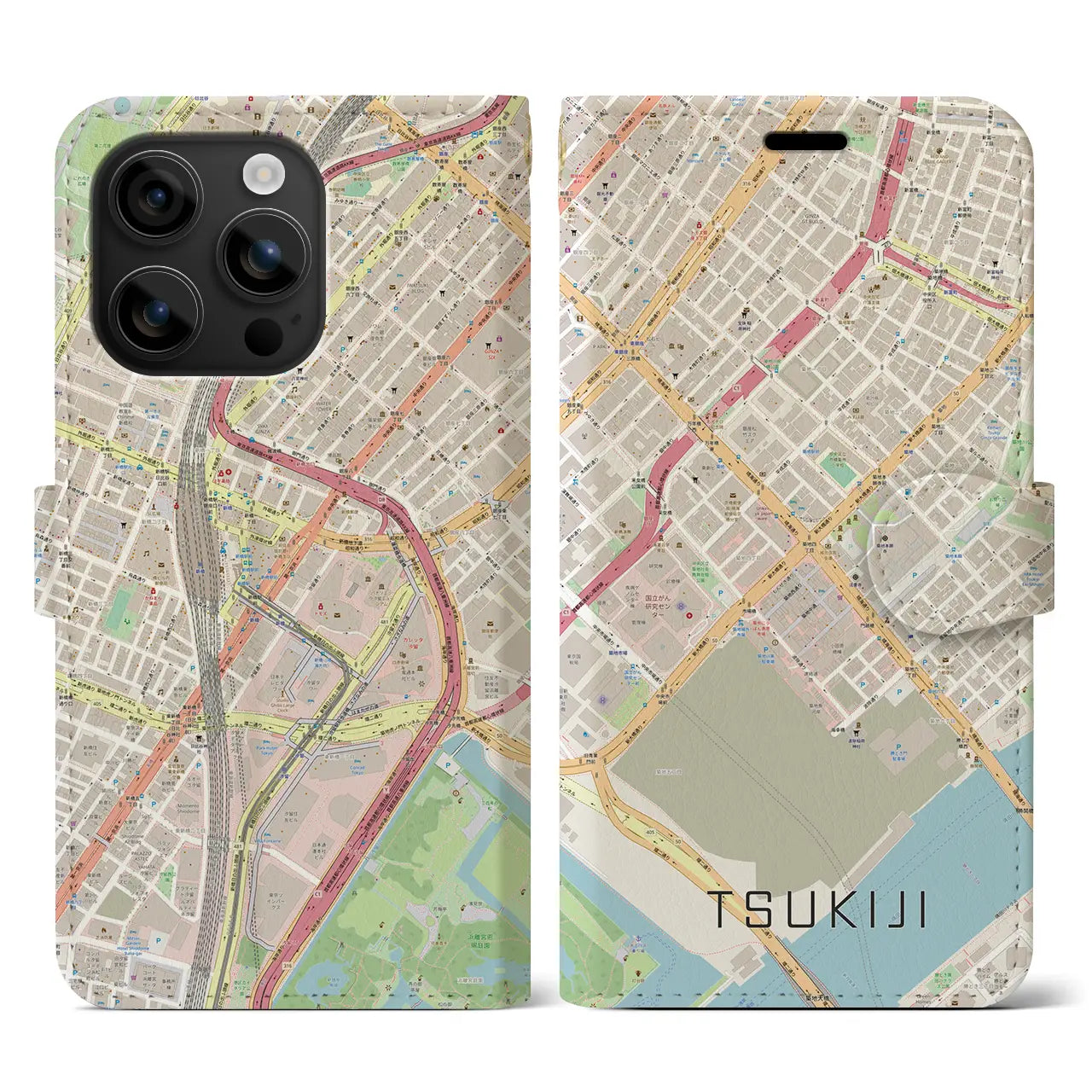 【築地（東京都）】地図柄iPhoneケース（手帳タイプ）ナチュラル・iPhone 16 用