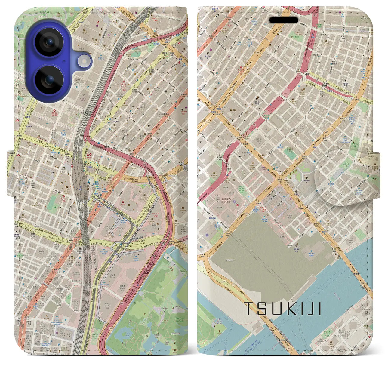 【築地（東京都）】地図柄iPhoneケース（手帳タイプ）ナチュラル・iPhone 16 Pro Max 用