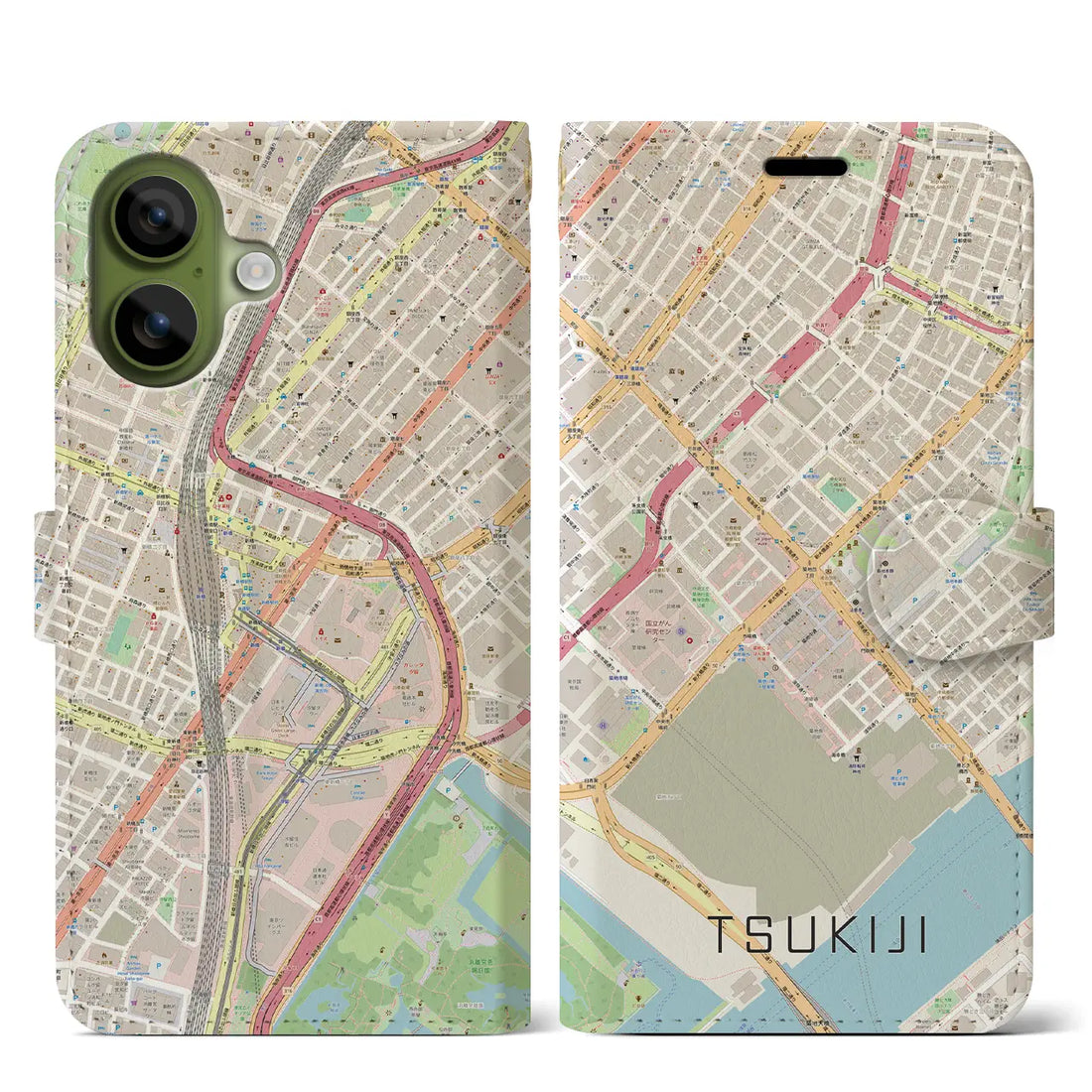 【築地（東京都）】地図柄iPhoneケース（手帳タイプ）モノトーン・iPhone 17 Pro Max 用