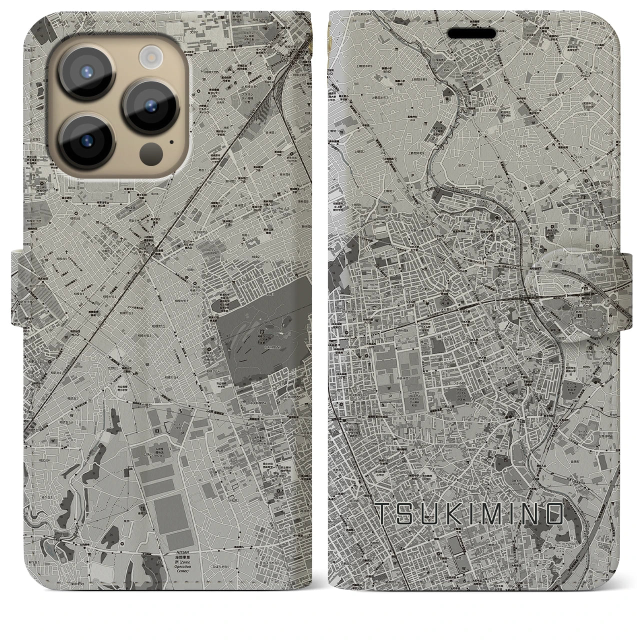 【つきみ野】地図柄iPhoneケース（手帳両面タイプ・モノトーン）iPhone 14 Pro Max 用