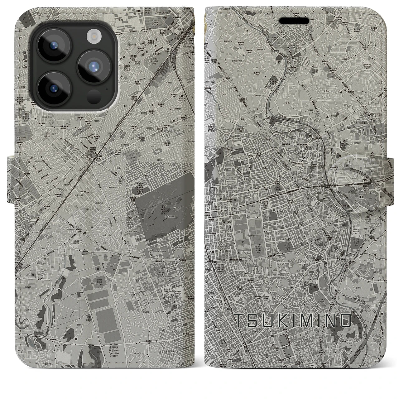 【つきみ野】地図柄iPhoneケース（手帳両面タイプ・モノトーン）iPhone 15 Pro Max 用