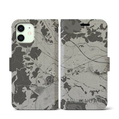 【つきのわ（埼玉県）】地図柄iPhoneケース（手帳タイプ）モノトーン・iPhone 12 mini 用
