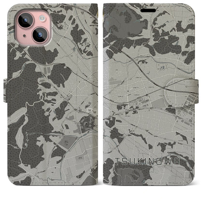 【つきのわ（埼玉県）】地図柄iPhoneケース（手帳タイプ）モノトーン・iPhone 15 Plus 用