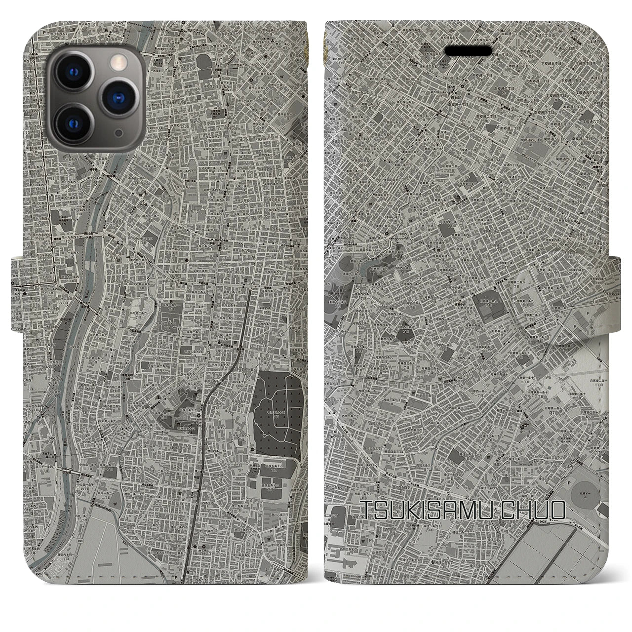 【月寒中央】地図柄iPhoneケース（手帳両面タイプ・モノトーン）iPhone 11 Pro Max 用