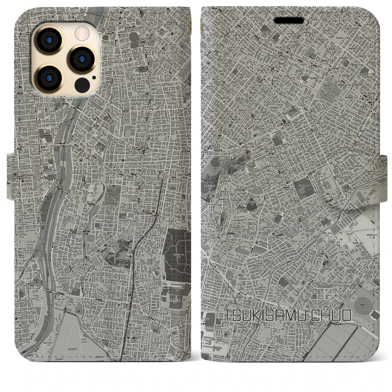 【月寒中央】地図柄iPhoneケース（手帳両面タイプ・モノトーン）iPhone 12 Pro Max 用