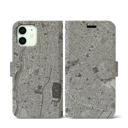 【月寒中央（北海道）】地図柄iPhoneケース（手帳タイプ）モノトーン・iPhone 12 mini 用