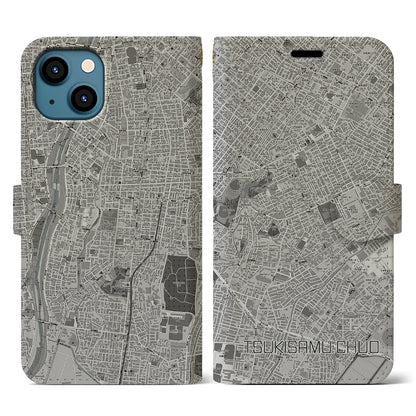 【月寒中央（北海道）】地図柄iPhoneケース（手帳タイプ）モノトーン・iPhone 13 用