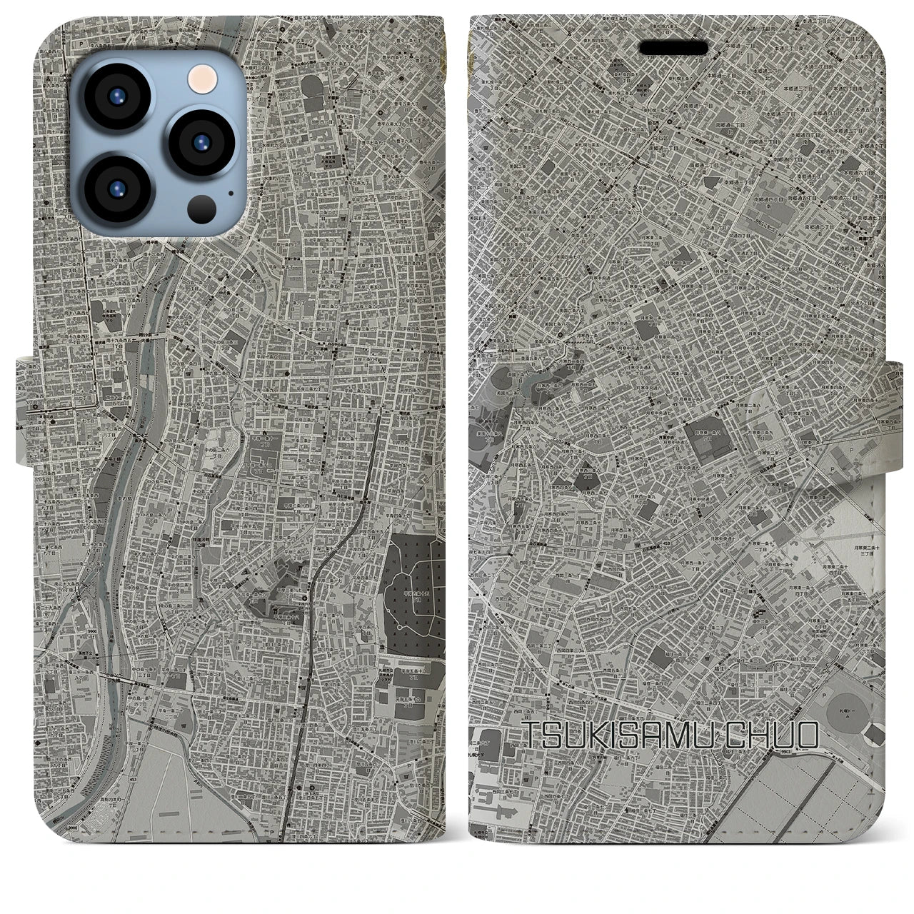 【月寒中央】地図柄iPhoneケース（手帳両面タイプ・モノトーン）iPhone 13 Pro Max 用